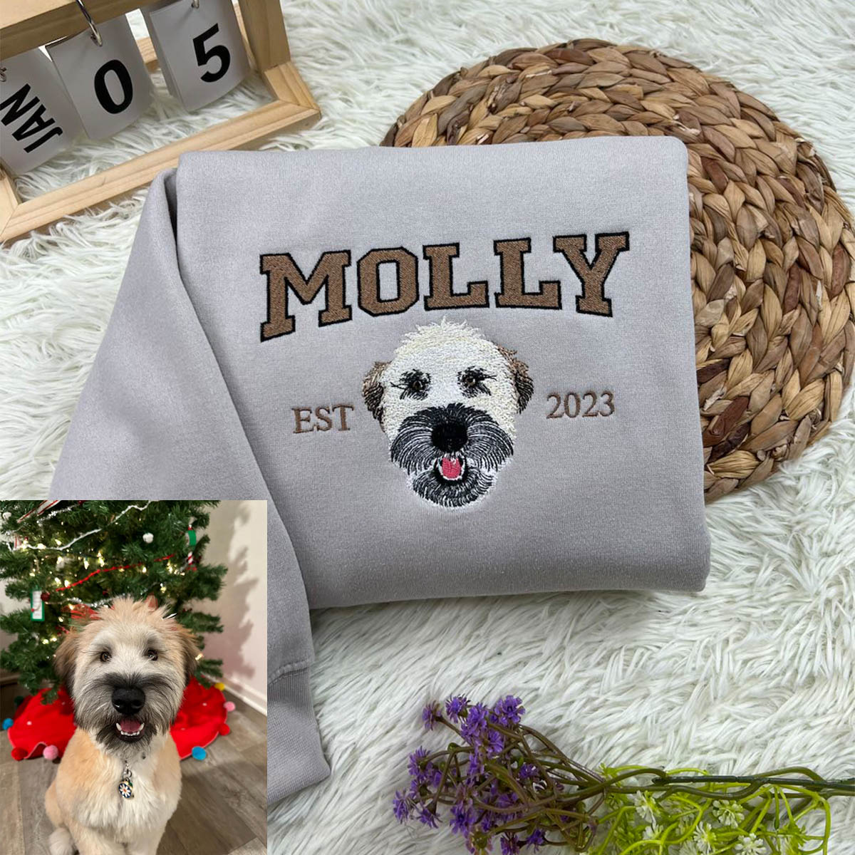 Custom Embroidered Sweatshirt with "Molly" Pet Portrait