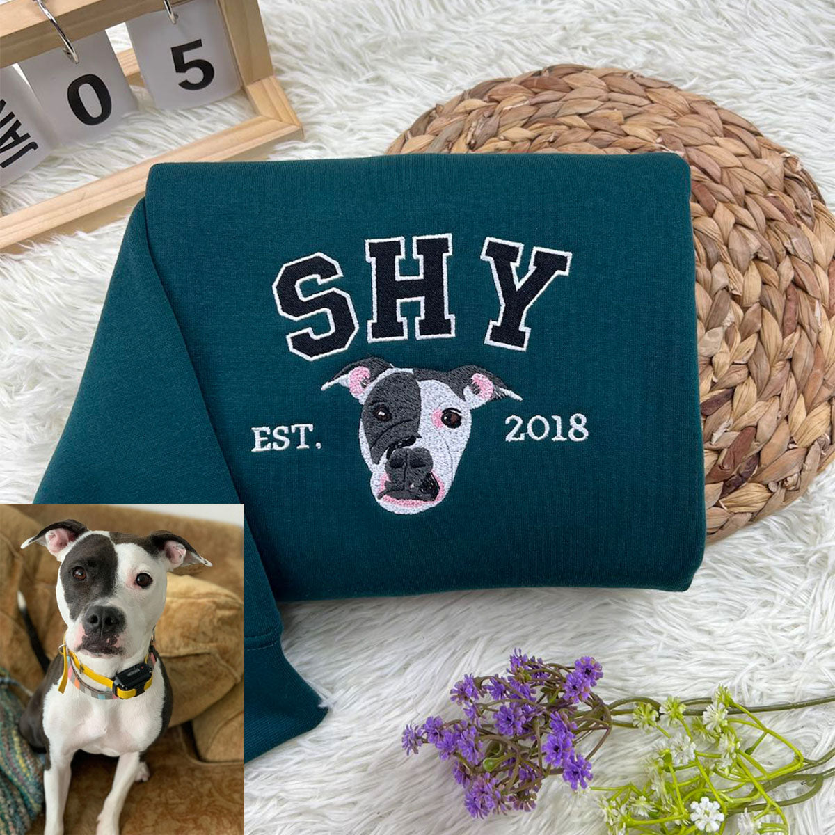 Custom Embroidered Sweatshirt with "Shy" Pet Portrait