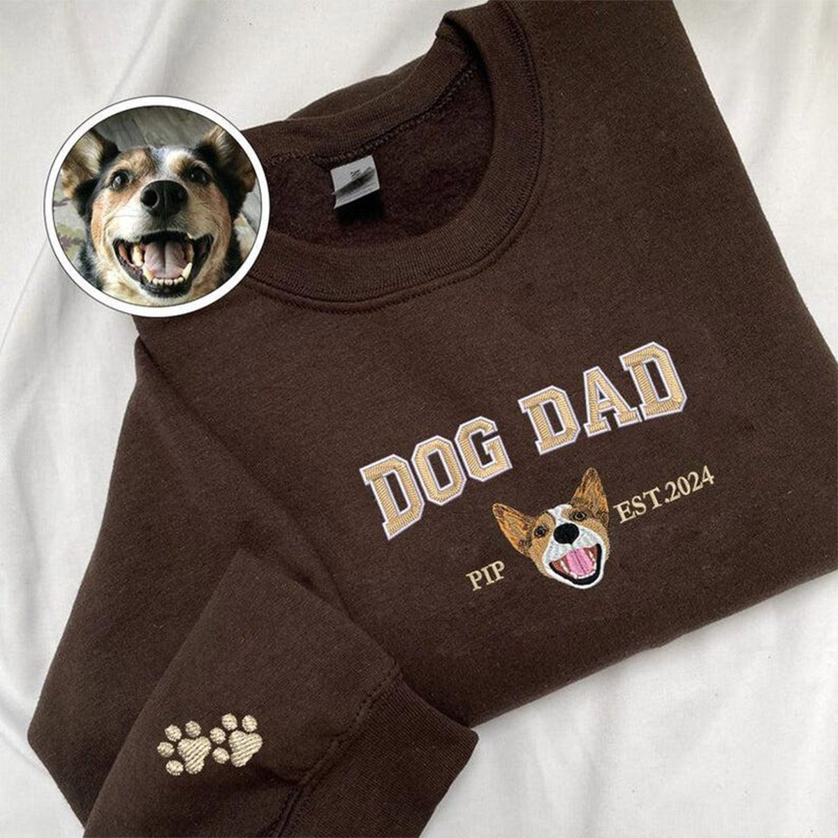 Custom Embroidered Sweatshirt with "Dog Dad" Pet Portrait - Embroidered Right Sleeve