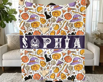 Custom Halloween Name Blanket Personalized Halloween Theme Black Cat Blanket