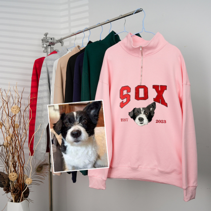 Custom Premium Handcrafted Pet Photo Embroidery with Pet Name Quarter-Zip Sweatshirt