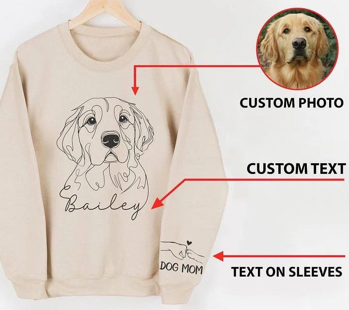 Custom Pet Line Art Hoodie/Sweatshirt/T-Shirt – Personalized Pet Portrait with Cute Sleeve Print