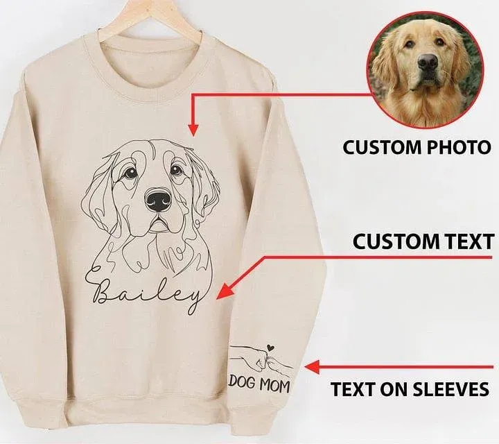 Custom Pet Line Art Hoodie/Sweatshirt/T-Shirt – Personalized Pet Portrait with Cute Sleeve Print