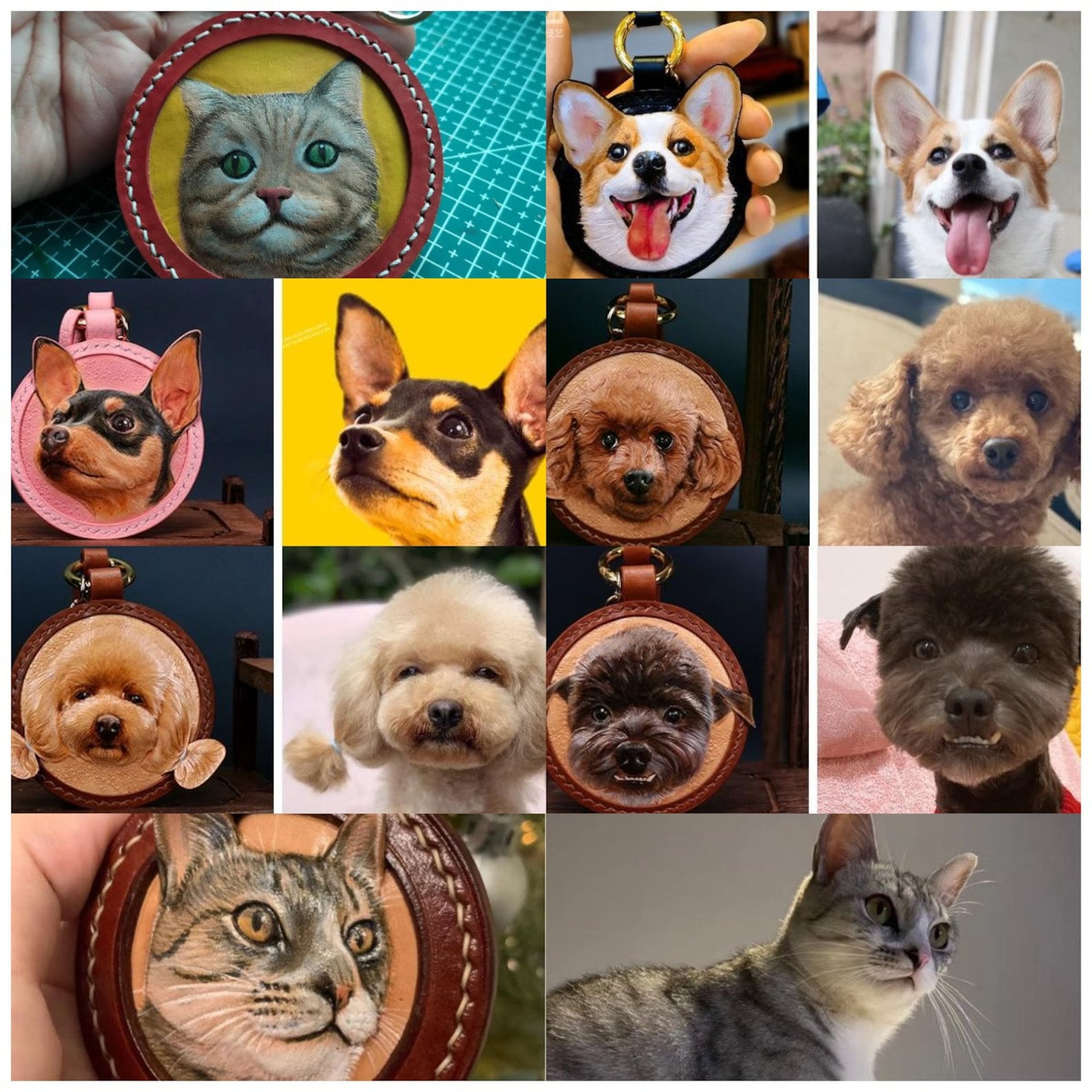 Custom Oval Design 3D Leather Carving&Painting Pet Engraving Keychain, Memorial Personalized Gift 
