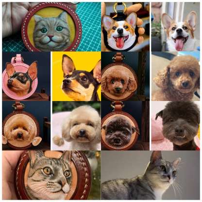 Custom Oval Design 3D Leather Carving&Painting Pet Engraving Keychain, Memorial Personalized Gift 
