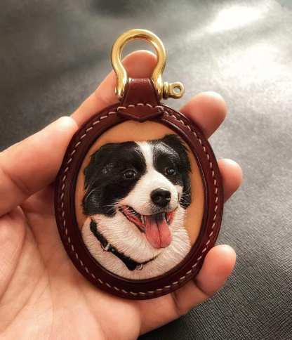 Custom Oval Design 3D Leather Carving&Painting Pet Engraving Keychain, Memorial Personalized Gift 