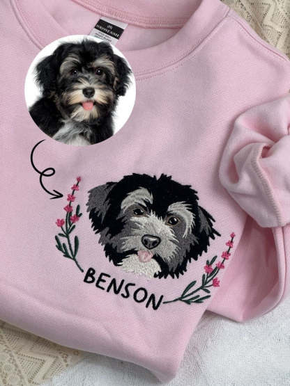Custom Dog Portrait Embroidered Sweatshirt, Personalized Pet Face and Pet Name Sweatshirt