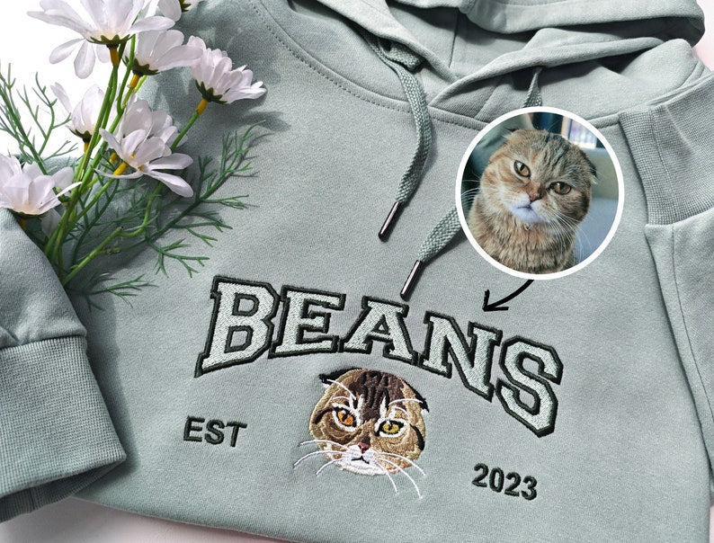 Custom Cat Hoodie Embroidered Cat Name, Personalized Pet Face Sweatshirt from Your Photo