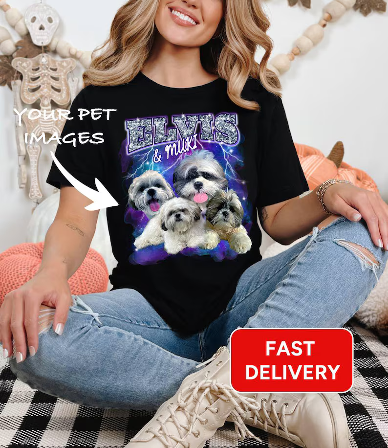 Personalized Cotton Pet T-Shirt, Retro 90's Style, Cat & Dog Tee, Gift for Mum & Kids