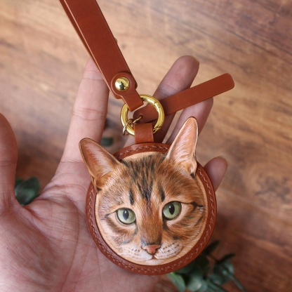 Custom Oval Design 3D Leather Carving&Painting Pet Engraving Keychain, Memorial Personalized Gift 