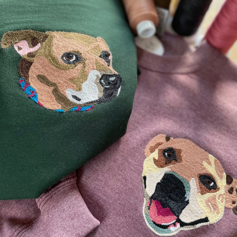 Handmade Handcranked Chainstitch Embroidered Custom Pet Portrait Sweatshirt