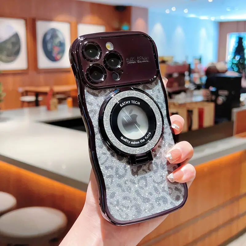 Electroplated Transparent Wave Large Window Leopard Print Glitter Magnifying Glass Bracket Phone Case For IPhone 11 12 13 14 15 PRO PLUS Promax details 8