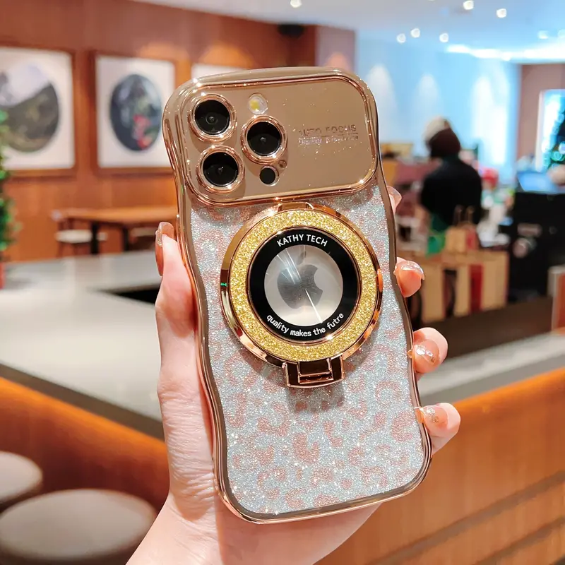 Electroplated Transparent Wave Large Window Leopard Print Glitter Magnifying Glass Bracket Phone Case For IPhone 11 12 13 14 15 PRO PLUS Promax details 7