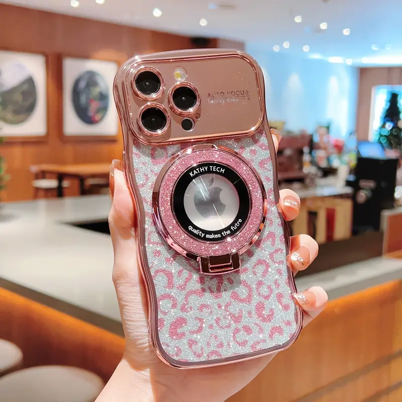 Electroplated Transparent Wave Large Window Leopard Print Glitter Magnifying Glass Bracket Phone Case For IPhone 11 12 13 14 15 PRO PLUS Promax details 1