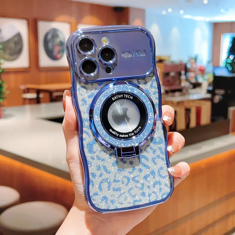 Electroplated Transparent Wave Large Window Leopard Print Glitter Magnifying Glass Bracket Phone Case For IPhone 11 12 13 14 15 PRO PLUS Promax details 0