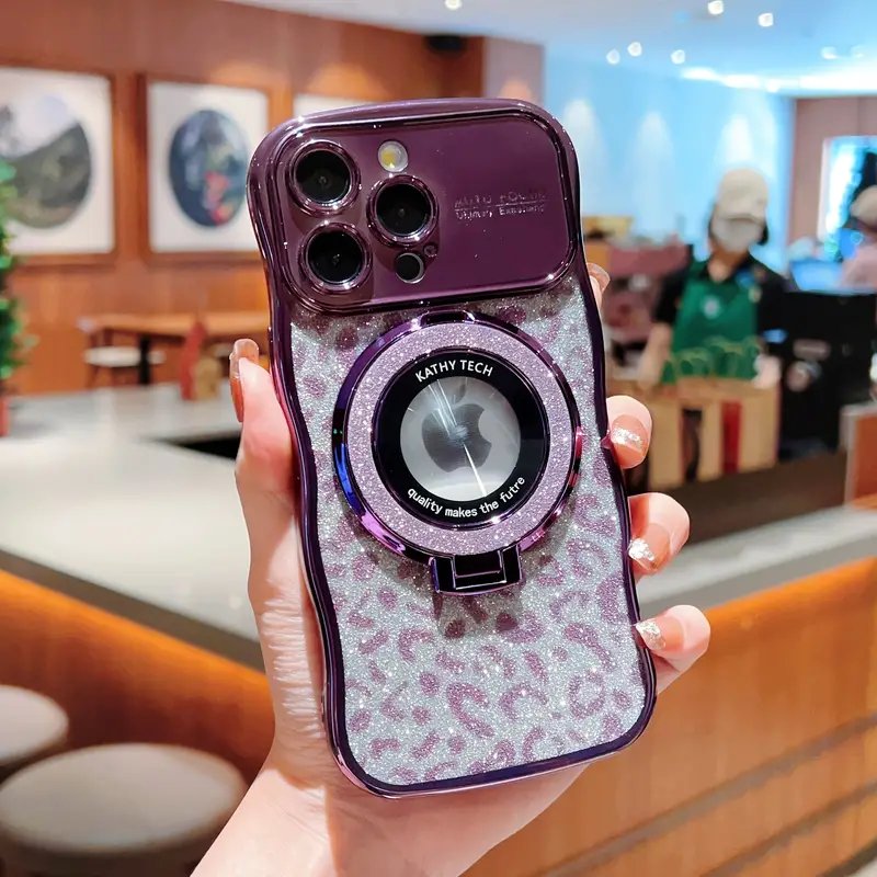 Electroplated Transparent Wave Large Window Leopard Print Glitter Magnifying Glass Bracket Phone Case For IPhone 11 12 13 14 15 PRO PLUS Promax details 3
