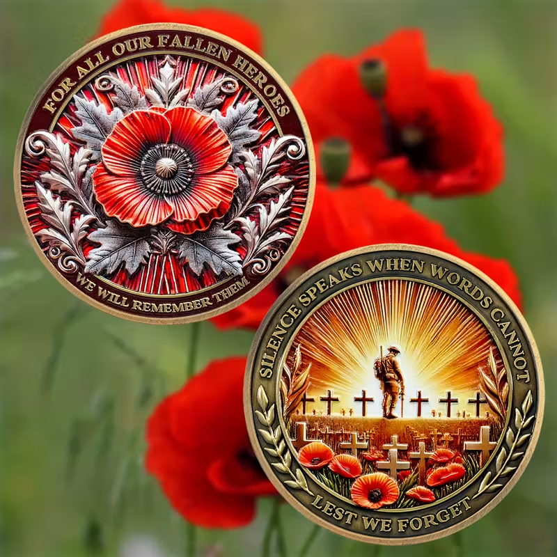 Poppy Remembrance Military Challenge Coin | Honor Fallen Heroes, Uphold “Lest We Forget” Legacy
