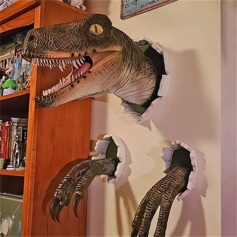 3D Dinosaur Wall Decor Set - Realistic Broken Wall Design with Head & Claws