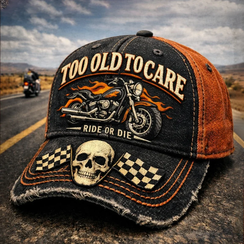 TOO OLD TO CARE · RIDE OR DIE Distressed Biker Cap