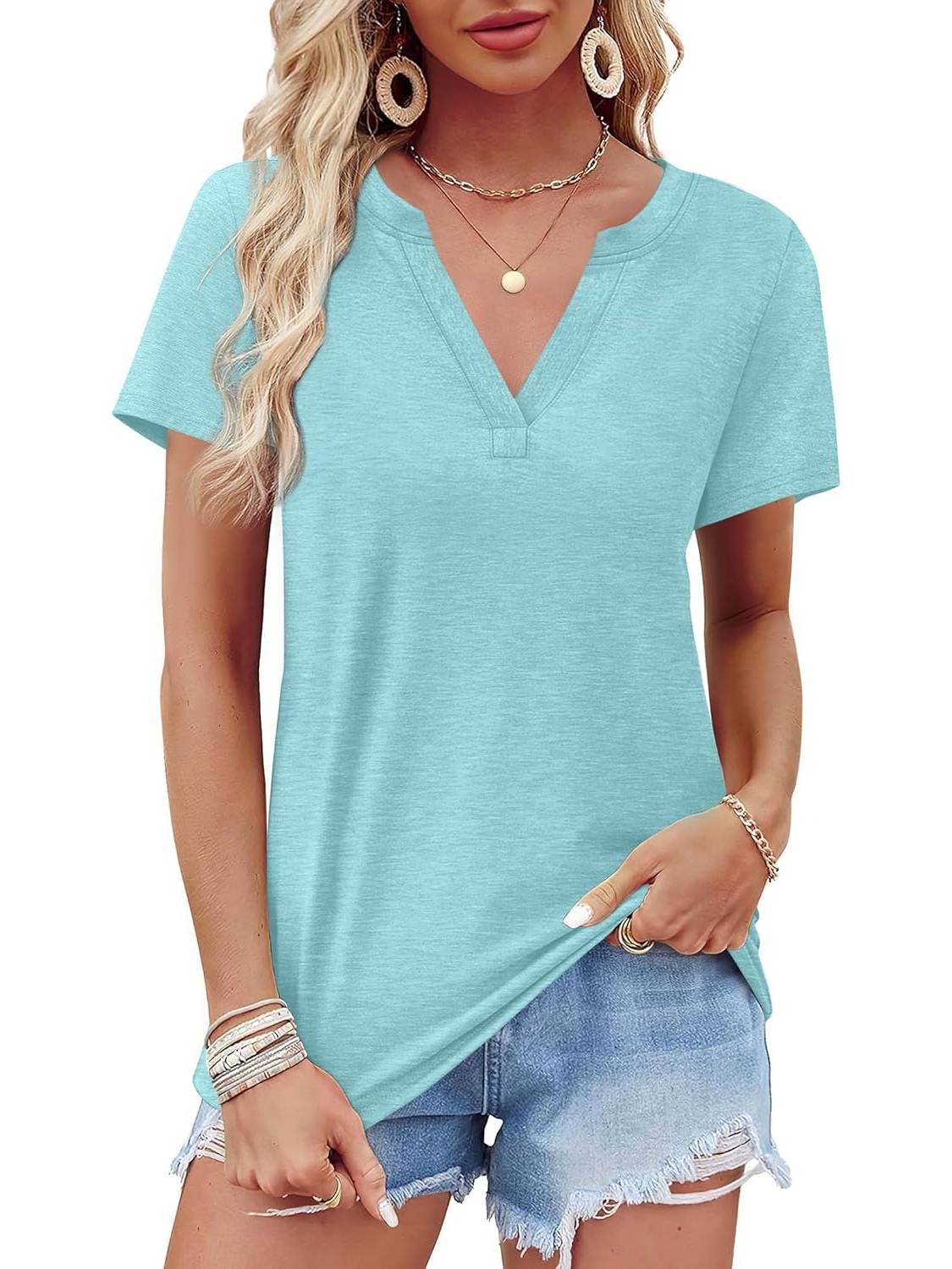 Womens Short Sleeve V Neck Casual Loose Fit T-shirts