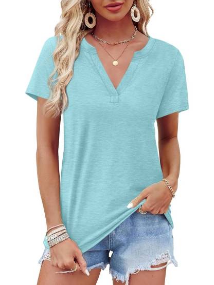 Womens Short Sleeve V Neck Casual Loose Fit T-shirts
