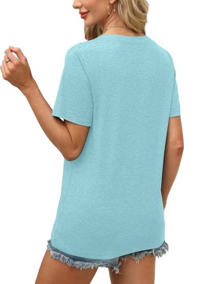 Womens Short Sleeve V Neck Casual Loose Fit T-shirts