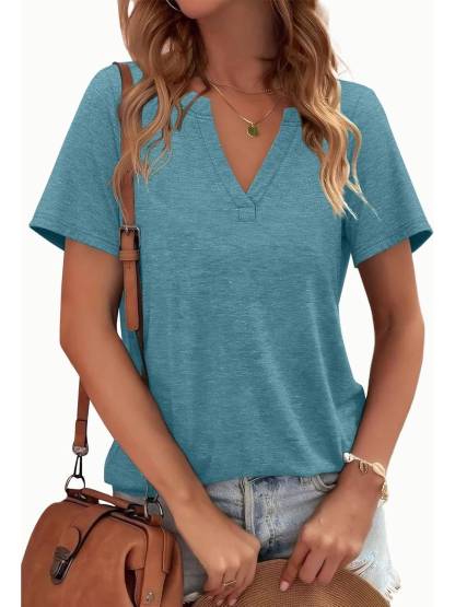 Womens Short Sleeve V Neck Casual Loose Fit T-shirts
