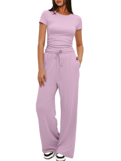Women's Ruched Short Sleeve Tops and High Waisted Wide Leg Pants  Sets