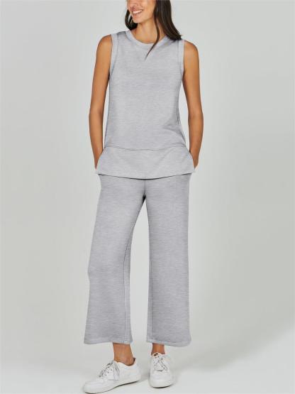 NEW🔥Women's Sleeveless Slit Hem Wide Leg Suit Casual Two Piece Set