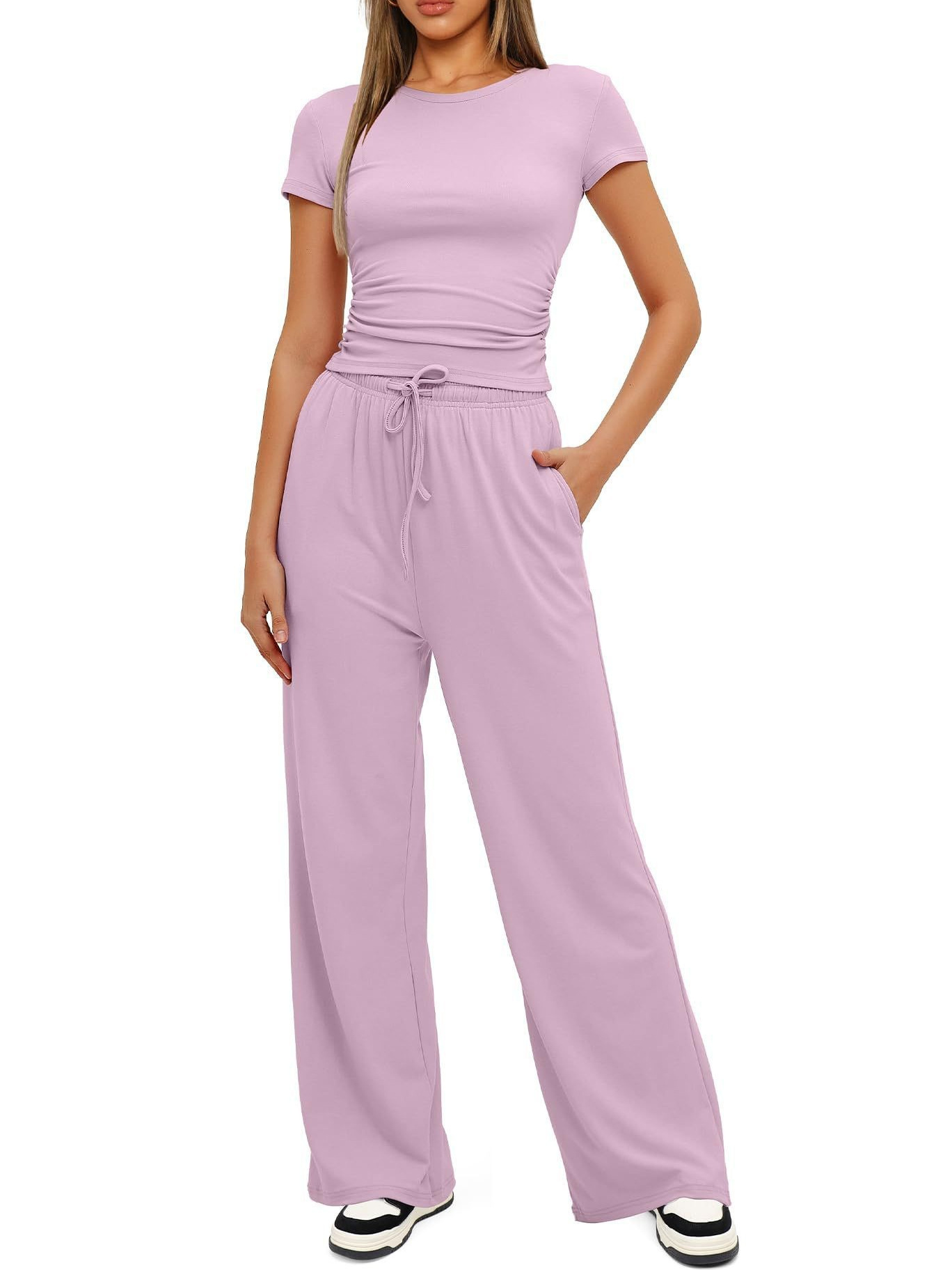 Women's Ruched Short Sleeve Tops and High Waisted Wide Leg Pants  Sets