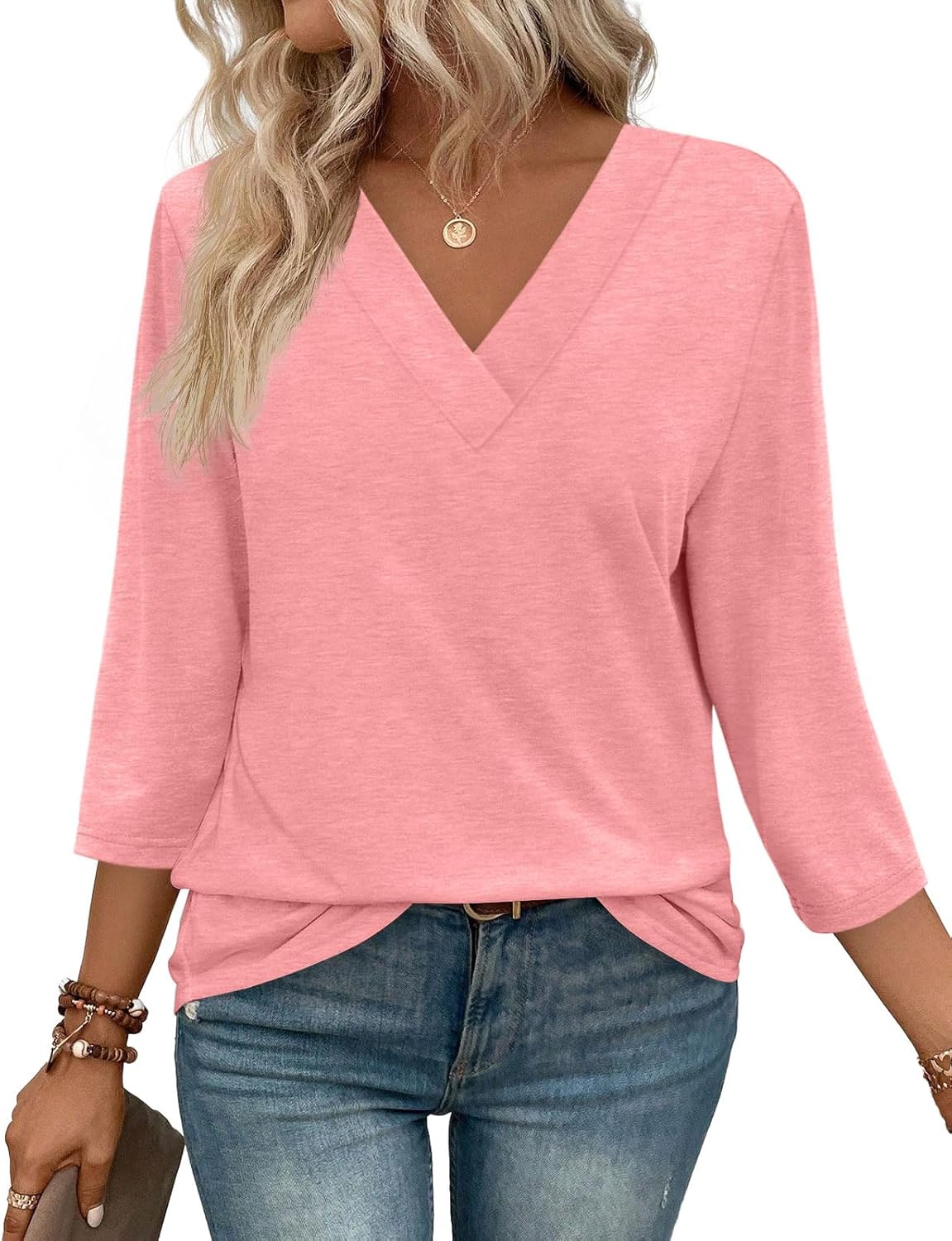 Women's V Neck 3/4 Long Sleeve Tops Loose Fit Blouse
