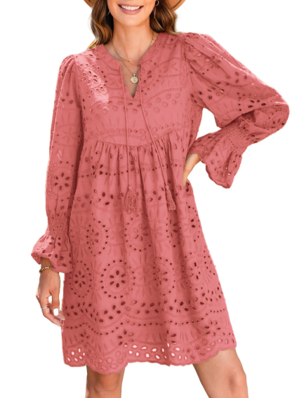 ⏰Hot Sale-Womens V Neck Long Sleeve Hollow Out Lace Ruffle Dresses(Buy 2 Free Shipping)