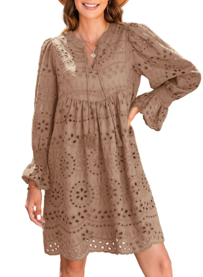 ⏰Hot Sale-Womens V Neck Long Sleeve Hollow Out Lace Ruffle Dresses(Buy 2 Free Shipping)