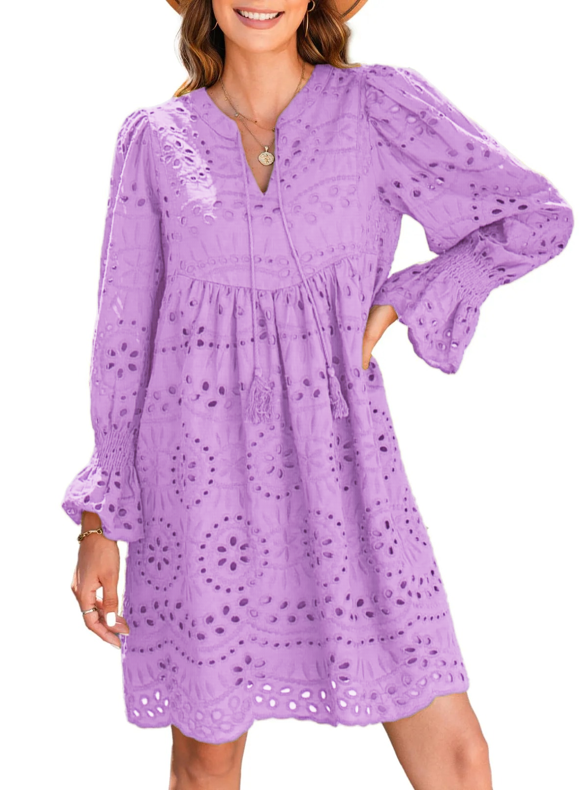 ⏰Hot Sale-Womens V Neck Long Sleeve Hollow Out Lace Ruffle Dresses(Buy 2 Free Shipping)
