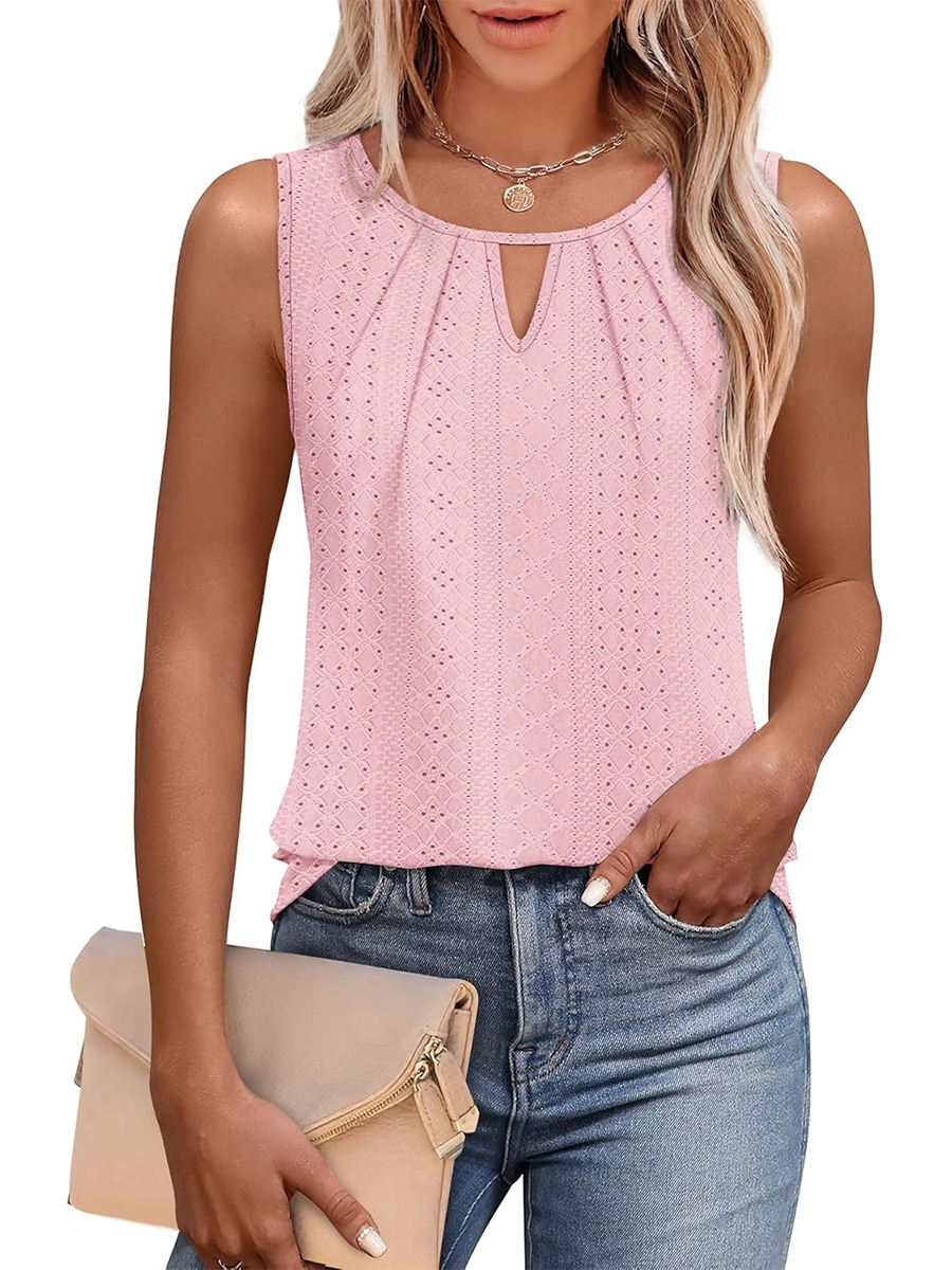 Women's Keyhole Neck Trendy Sleeveless Pleated Tank Tops