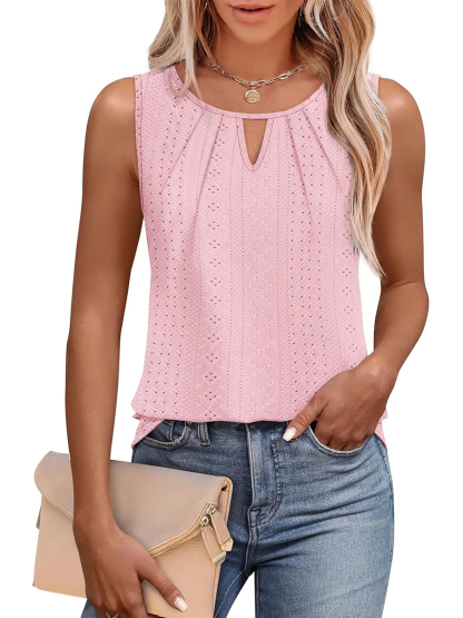 Women's Keyhole Neck Trendy Sleeveless Pleated Tank Tops