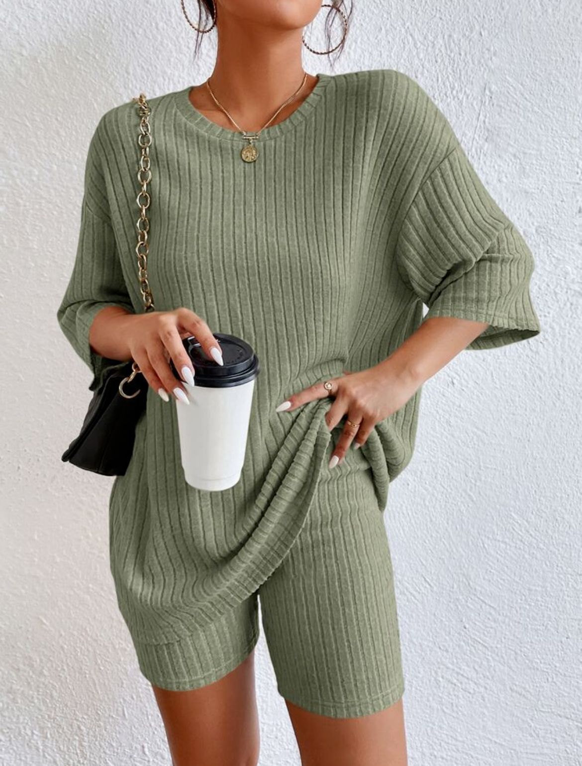 Casual Crew Neck Loose Shorts Set