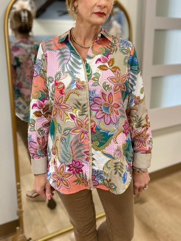 Multi Floral Print Collared Long Sleeve Blouse