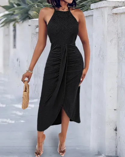 Halter Hollow-out A Line Sleeveless Front Slit Ruched Vacation Maxi Dress