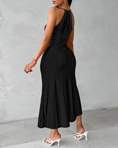 Halter Hollow-out A Line Sleeveless Front Slit Ruched Vacation Maxi Dress