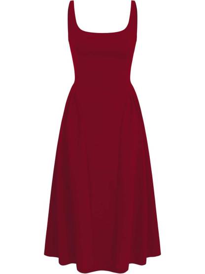Woven Square Neck Solid Ruffle Midi Dress Curve