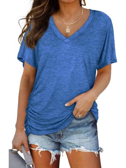 Womens Short Sleeve V Neck Dolman Tops with Side Shirring