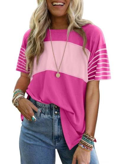 Womens Oversized Crewneck Casual Color Block Striped Shirts Blouses