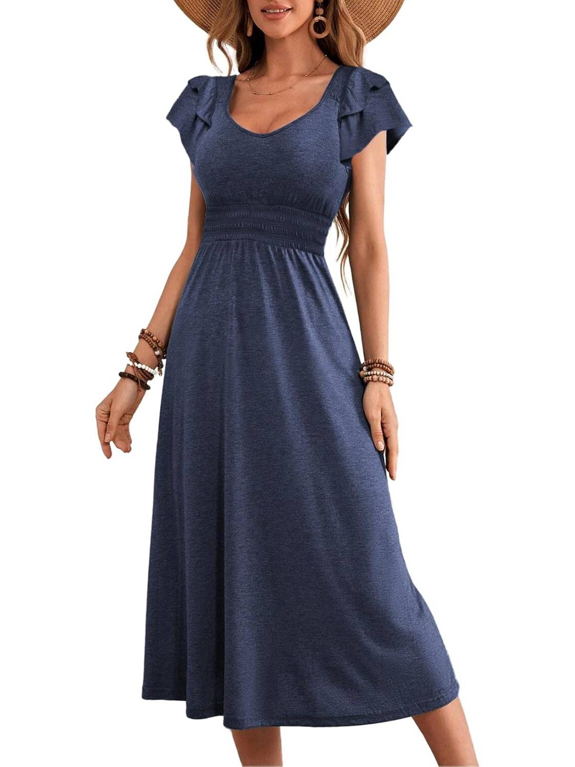 Women's Crewneck A-Line Ruffle Short Sleeve Midi Dress