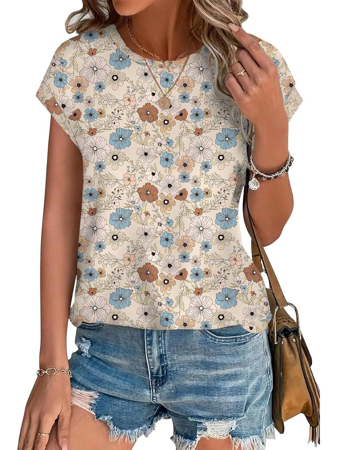 Womens Printing Dressy Casual Cap Sleeve Tops with Curved Hem