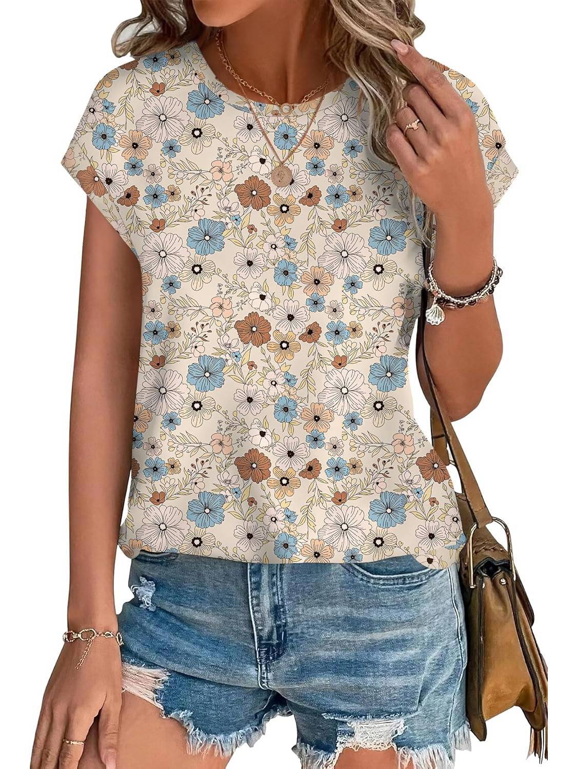 Womens Printing Dressy Casual Cap Sleeve Tops with Curved Hem