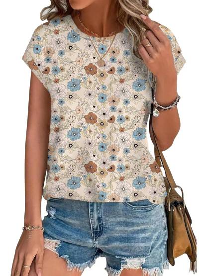 Womens Printing Dressy Casual Cap Sleeve Tops with Curved Hem