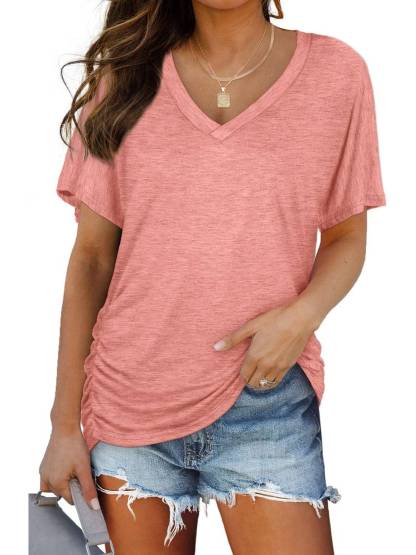 Womens Short Sleeve V Neck Dolman Tops with Side Shirring