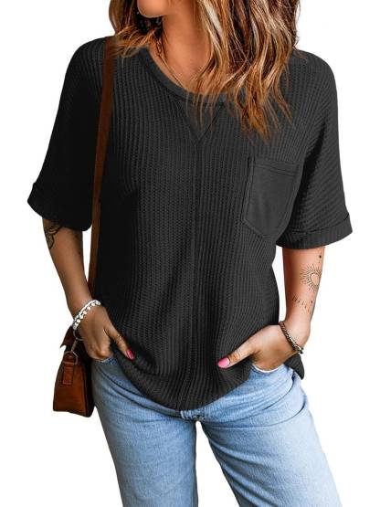 2025 Fashion Short Sleeve Crewneck Waffle Knit Oversized T-shirts