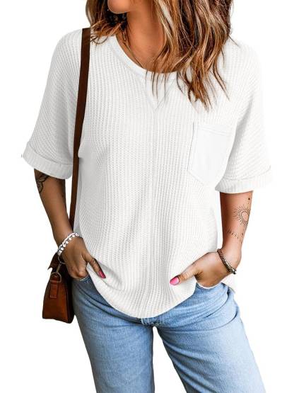 2025 Fashion Short Sleeve Crewneck Waffle Knit Oversized T-shirts